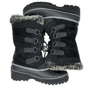 Khombu North Star Winter Snow Boots Womens Size 8 Black Leather Rubber Faux Fur